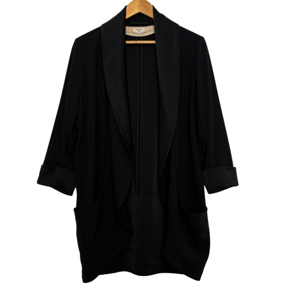 Aritzia Wilfred Chevalier Blazer Black Satin Collar Size 4 Open Front Crepe - Picture 10 of 11